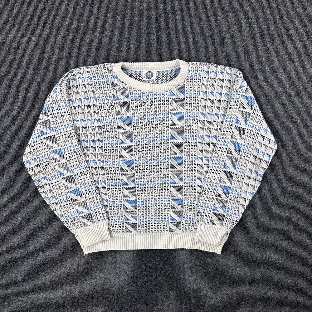Vintage Buckingham Quality Sport Mens White Blue Geometric Crewneck Knit Sweater